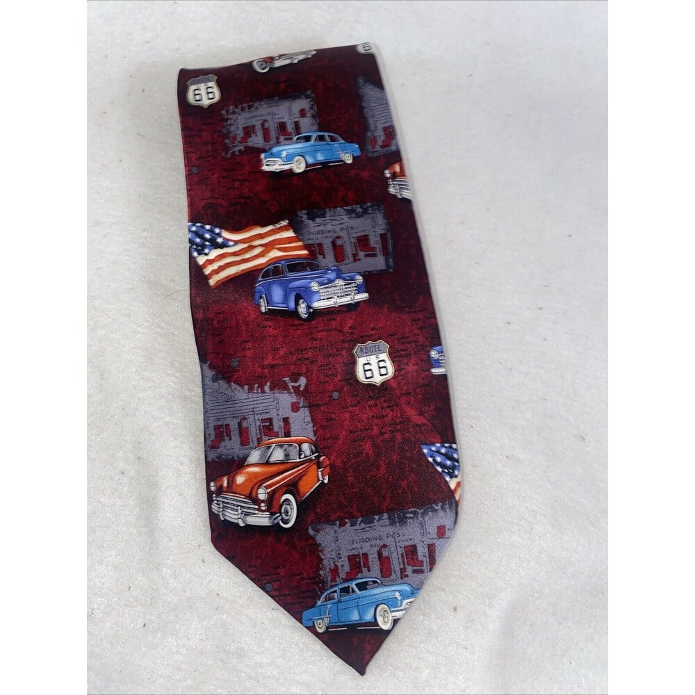 Classic Cars Flags tie Route 66 Men Silk Patriotic USA roadster grandpa vintage